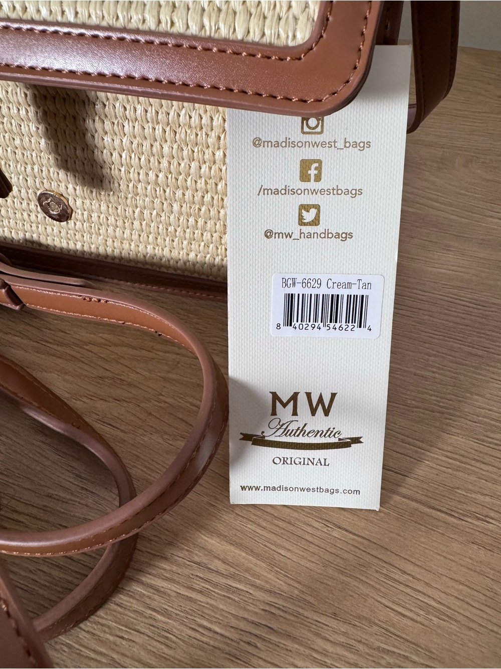 Madison West Cream Woven Crossbody with Brown Trim and Gold Buckle - Picture 5 of 7
